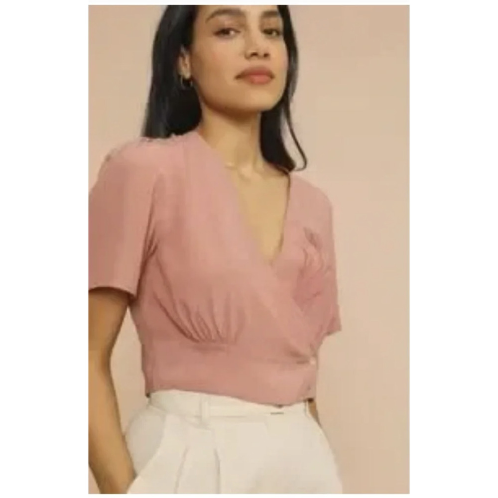 Rouje Blouse 36 Pink Sarah Floral Embroidered Wrap Blouse Crop Flutter Sleeve